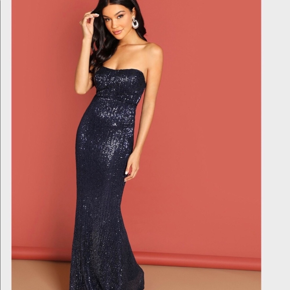 Navy Sequin Strapless Gown Long Dress Bodycon